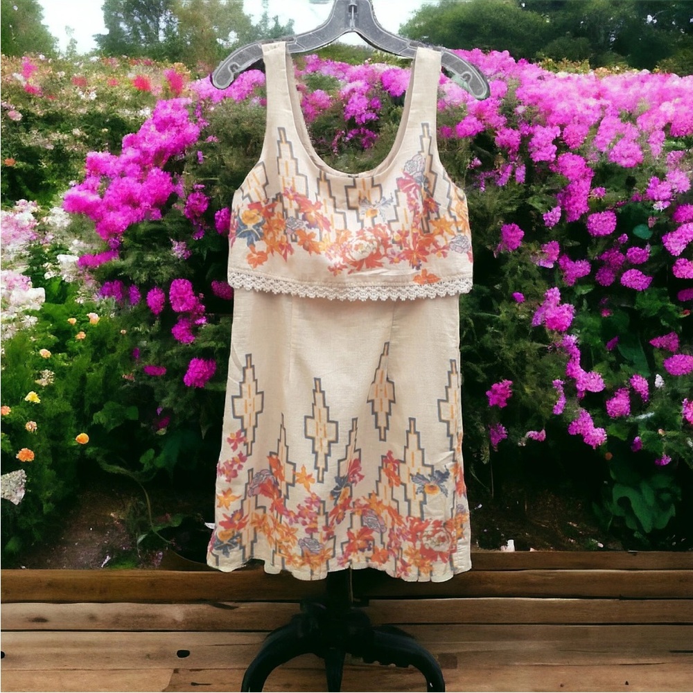 Free People Boho Dress Floral Sleeveless Lace Edge Bodice Trim  S